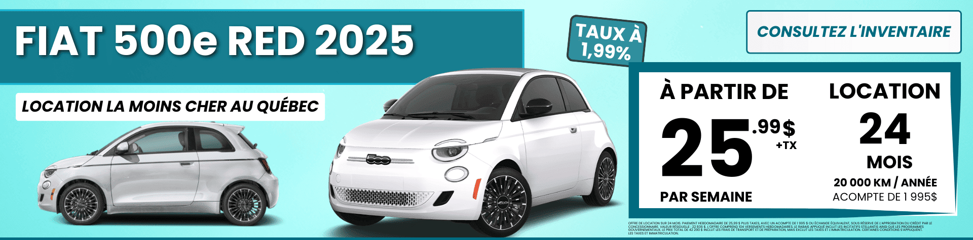 Fiat 500e 2025 à 1,99% chez Boucherville Chrysler - février