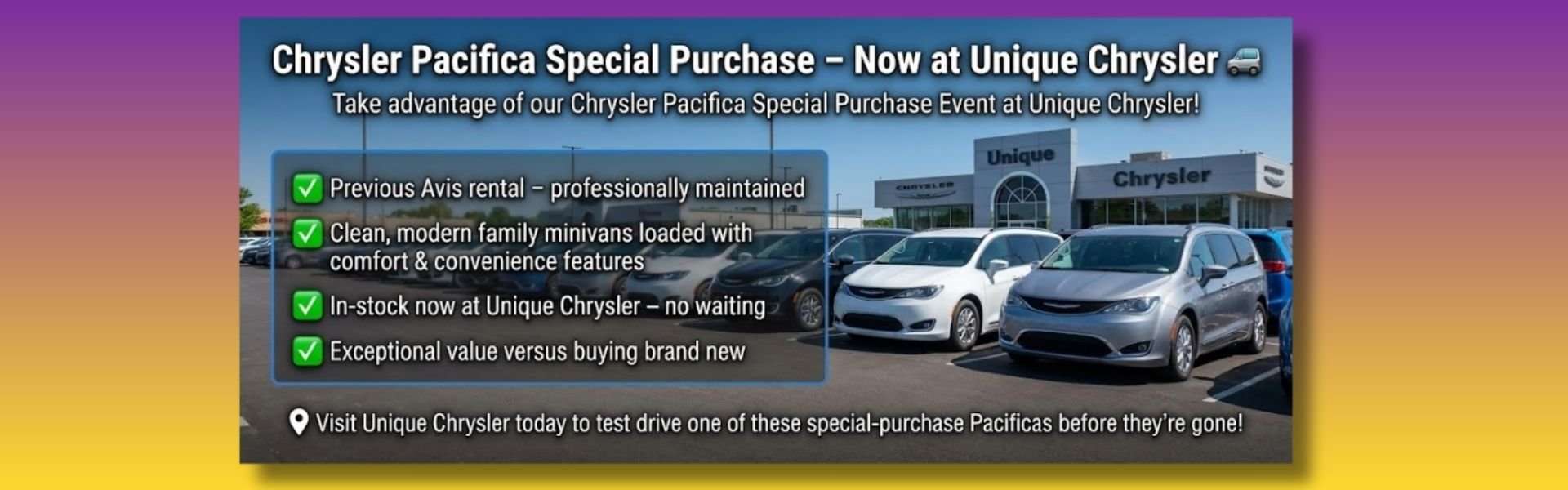 Chrysler Pacifica Special Purchase – Now at Unique Chrysler 🚐Take advantage of our Chrysler Pacifica Special Purchase Event at Unique Chrysler!https://www.uniquechrysler.com/vehicles/pacifica/?mk=Chrysler&md=Pacifica,Pacifica%20Plug-in%20HybridWe’ve secured a limited number of previous Avis rental Pacificas that are now available right here on our lot — in excellent, like-new condition and priced to sell.✅ Previous Avis rental – professionally maintained✅ Clean, modern family minivans loaded with comfort & convenience features✅ In-stock now at Unique Chrysler – no waiting✅ Exceptional value versus buying brand newIf you’ve been thinking about a family van, rideshare vehicle, or roomy road-trip hauler, this is your chance to get a late-model Chrysler Pacifica that looks and drives like new, without the new-vehicle price tag.📍 Visit Unique Chrysler today to test drive one of these special-purchase Pacificas before they’re gone!