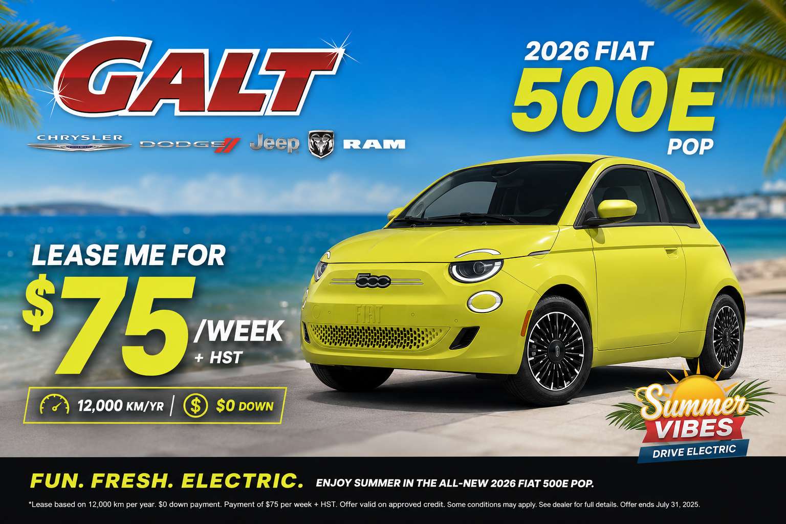 2026 Fiat 500E Pop Lease me for $75/Week + hst