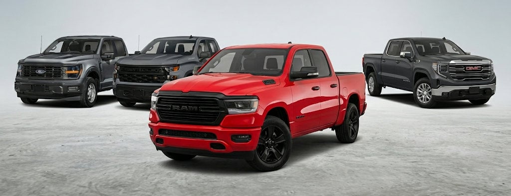 Comparaison de camions pleine grandeur : RAM 1500 Black Express 2026 face au Ford F-150, Chevrolet Silverado et GMC Sierra chez Boucherville Chrysler sur la Rive-Sud.