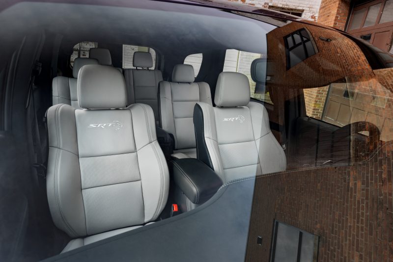Interior customization choices for the 2026 Dodge Durango SRT Hellcat Jailbreak include five interior seat colors (Hammerhead Grey shown here) in three different configurations (five-, six- or seven-passenger seating) with a selection of four seat belt colors.