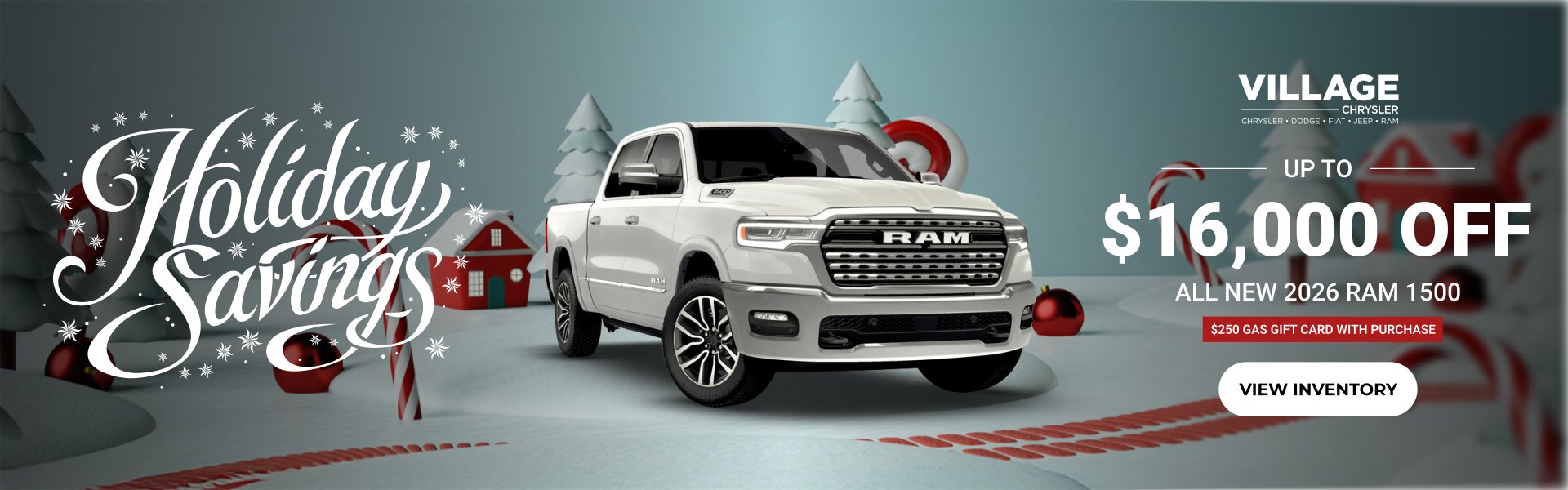 Christmas Holiday Savings Offer with a white Ram truck