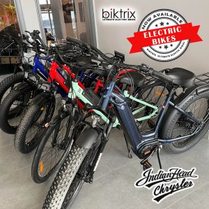 A partial selection of Biktrix ebikes set up in the showroom of Indian Head Chrysler.