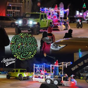 Pictures of a Jeep Gladiator pulling a trailer with inflatable and glowing holiday decorations with two electric bike riders beside it