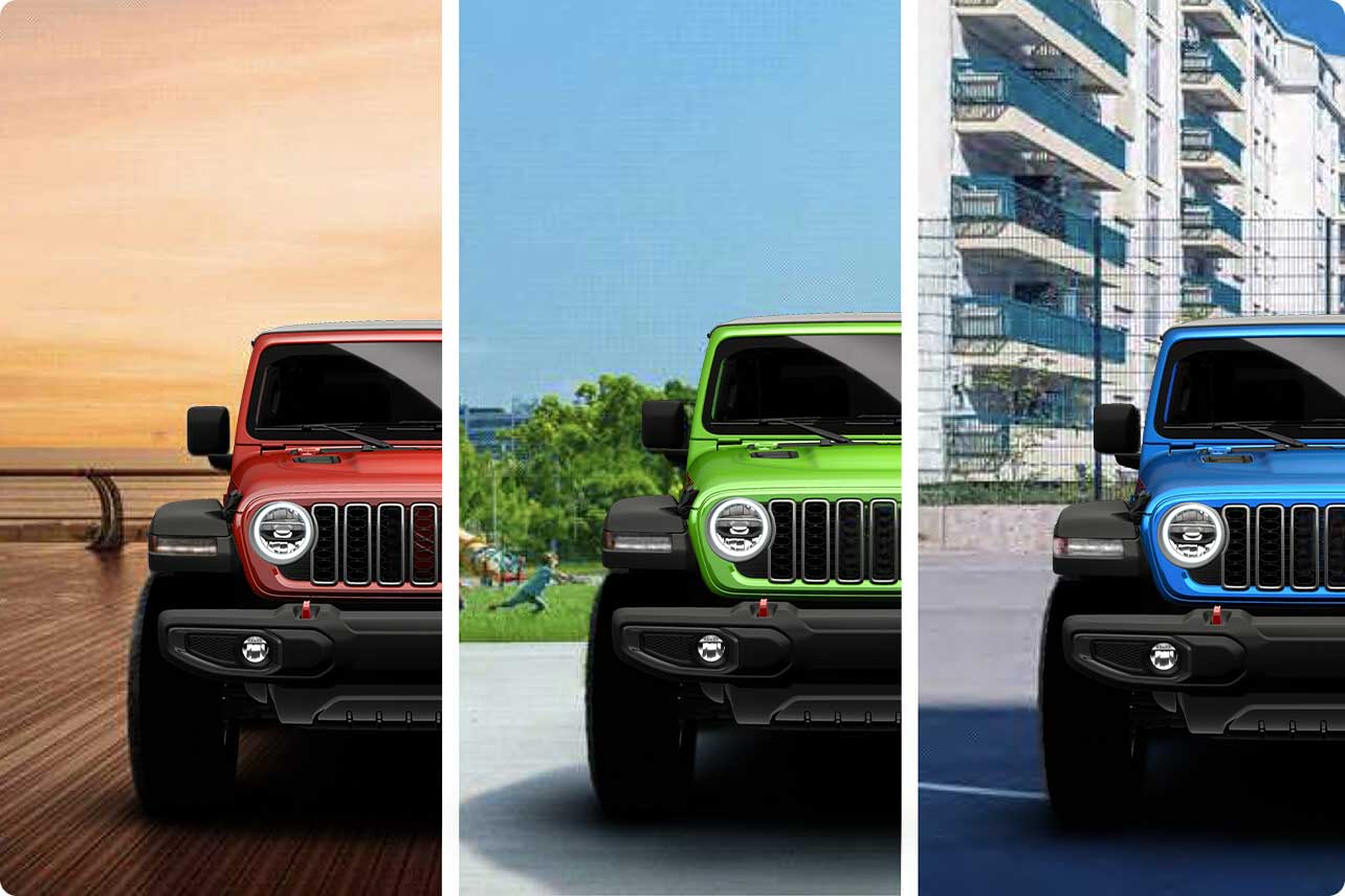 Photo montage of the 2026 Jeep Wrangler viewed from the front.