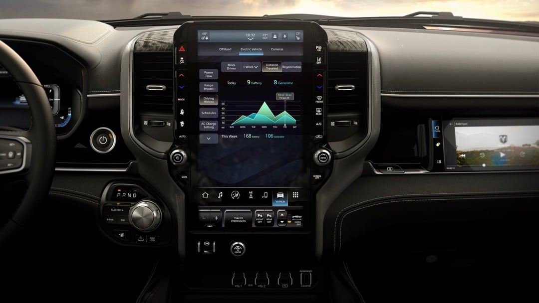 Vue intérieure du tableau de bord du Ram 1500 2026 avec écran central tactile et volant multifonction.