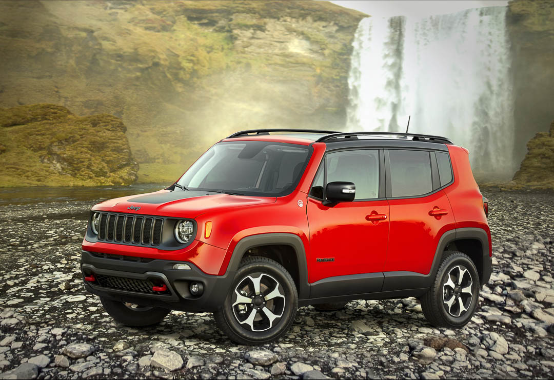 Front side view of the 2022 Jeep Rengade facing a waterfall